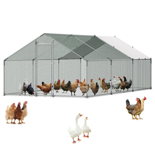 VEVOR Large Metal Chicken Coop, 19.7x9.8x6.5ft Walk-in Chicken Runs for Yard with Cover, Spire Roof Hen House with Security Lock for Outdoor and Backyard, Farm, Duck Rabbit Cage Poultry Pen
