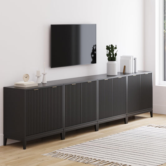 Nathan James Jasper Modern Sideboard, TV Stand with Fluted Doors, Accent Storage for Kitchen or Living Room, Black Oak, Set of 4