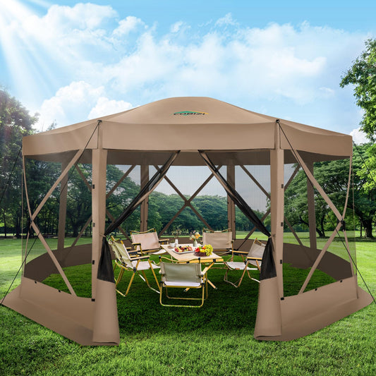 COBIZI 15x15FT Pop Up Gazebo Screen Tent Screen House for Camping, Screen Room with Mosquito Netting, Hub Tent Instant Screened Canopy with Carrying Bag and Ground Stakes, Khaki(Upgraded)