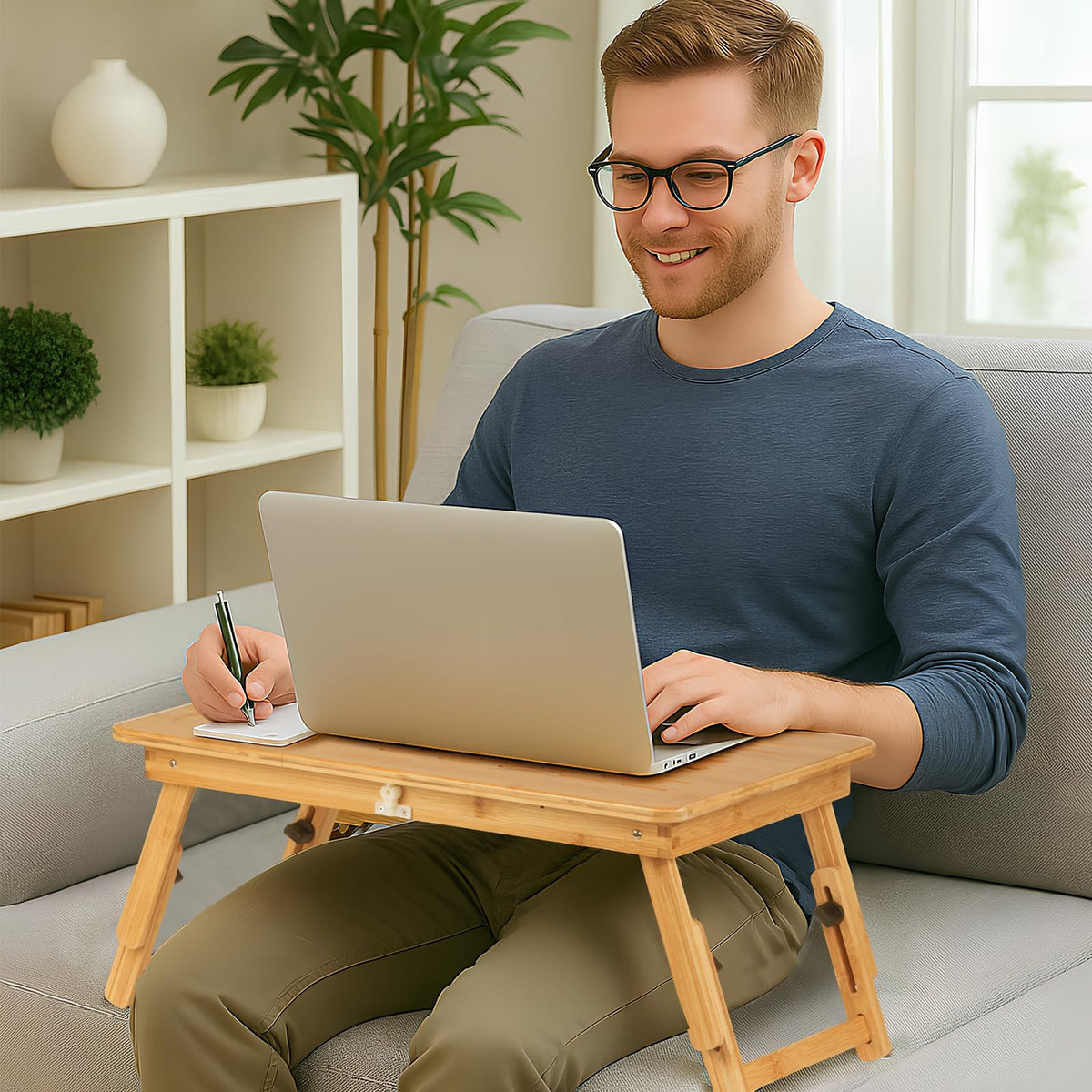 Usofhaus Bamboo Laptop Desk for Bed, Height & Angle Adjustable Foldable Lap Desk with Drawer & Cup Holder, Portable Bed Desk Table for Working, Reading, Writing or Breakfast on Sofa, Couch or Floor