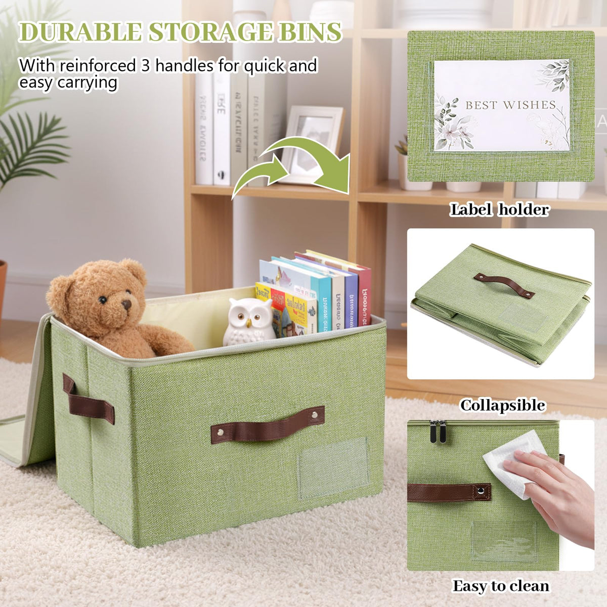 Lucky Monet 1PCS Storage Bins with Zipper Lids 15"x10"x10" Foldable Lidded Fabric Storage Boxes Baskets Cotton Linen Closet Shelf Clothes Organizer with Handles & Label Pocket (Green, Large)