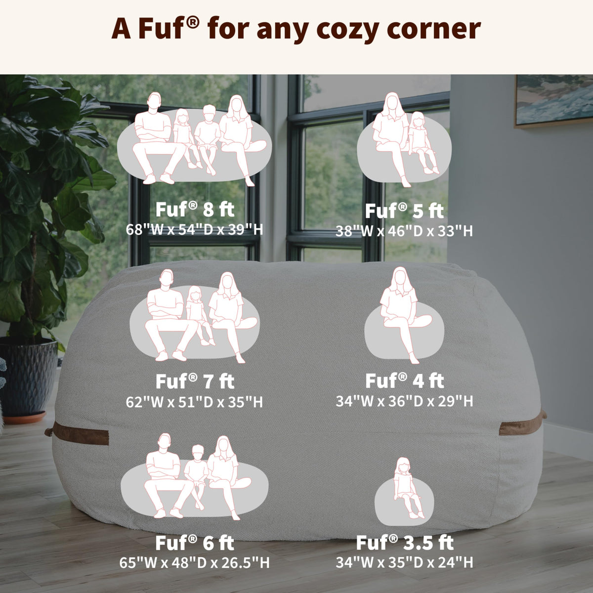 Big Joe Fuf 8Ft Giant Foam Bean Bag Chair, Oversized Couch with Removable Cover for Kids, Teens, Adults, Vanilla Latte Corded Plush, 8 Foot