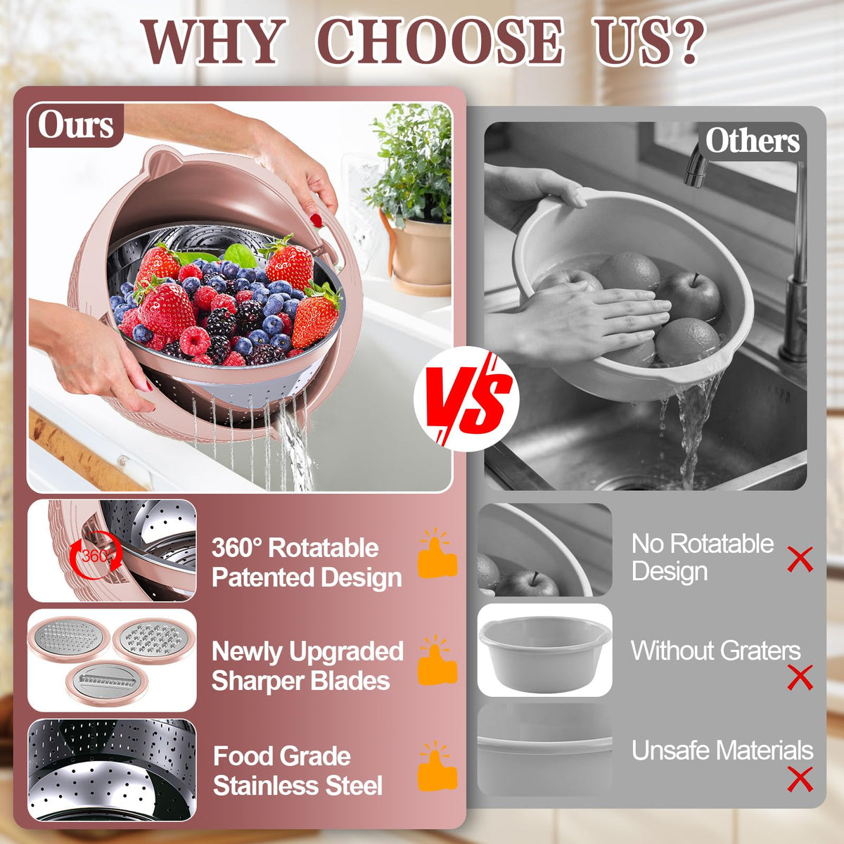 4-1 Strainer Bowl with Lid Set - Strainers and Colanders, Colander for Kitchen, Pasta Strainer, Fruit Cleaner, Veggie Wash, Funny Kitchen Present, Fruit Washing Bowl, Cooking Present for Women - Pink