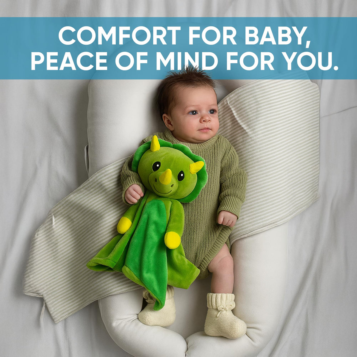 Love By Emi 4 in 1 Baby Lullaby Sleep Soother Toy - Stuffed Animal Sound Machine & Pacifier Holder | Heartbeat White Noise & Music | Plush Green Dinosaur Lovey Sleep Aid Security Blanket (0-3 Years)