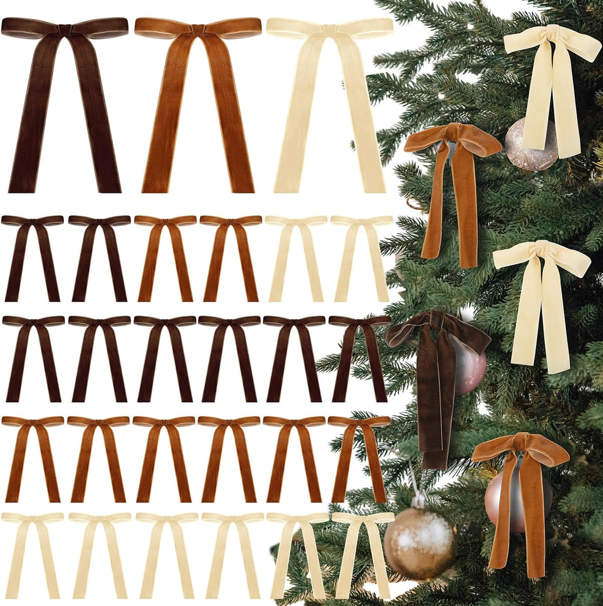 Skiennix Velvet Bows - 24 Pcs Christmas Tree Ornaments | Coquette Wedding Decor in Brown & Beige (5 x 7 Inch)