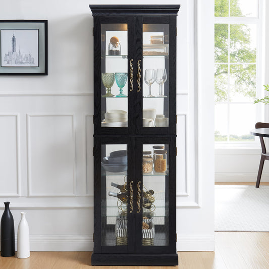 Elountik Lighted Curio Display Cabinet, Glass Storage with Wood Frame, Built-in Lighting for Living Room, Kitchen, Pantry, Ideal for Wine, Toys, Collectibles - Black