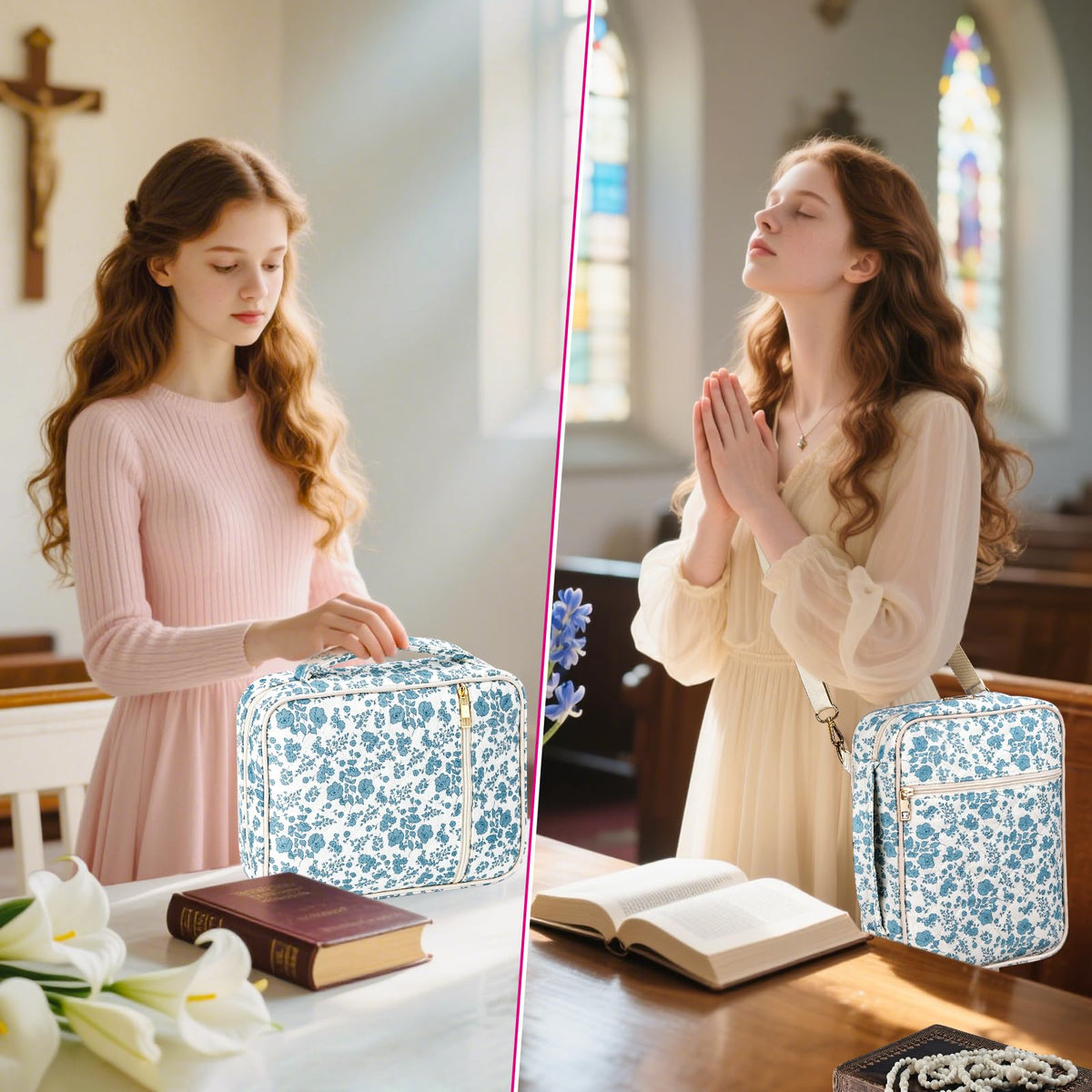 SelfTek Bible Cover Case for Women - Large Quilted Bible Cases for Woman Organizer with Handle & Shoulder Strap, Bible Study Supplies Accessories Christian Gifts (Blue)