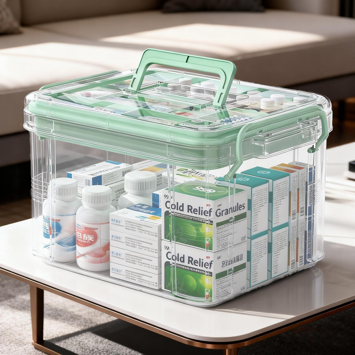 UFI Clear Medicine Storage Box with Lids, 2 Pack Portable First Aid Organizer with Handle, Stackable Storage Containers for Family Medical Supplies, Bathroom, Bedroom, Office(GREEN)