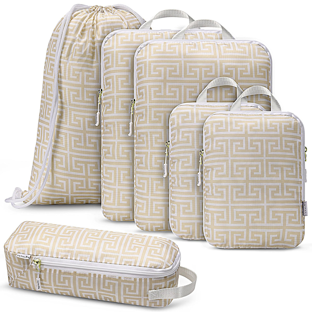 Vatalife Compression Packing Cubes for Travel 6PC Set - Suitcase Organizer & Space Saver Bags for Carry On Luggage with Drawstring Backpack Beige Boho