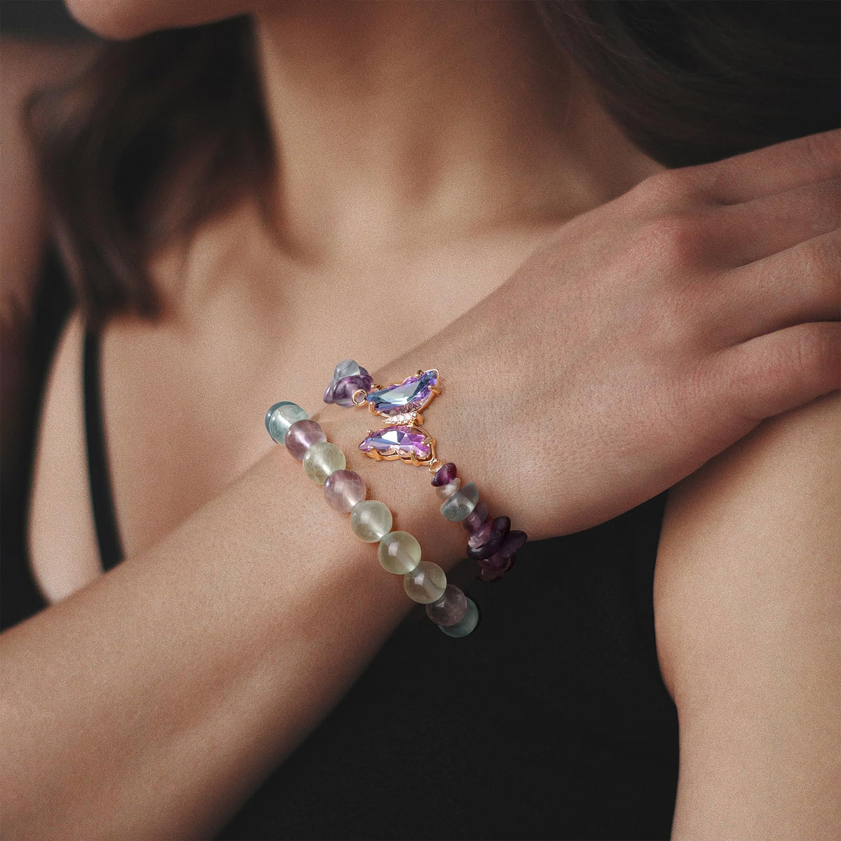 GolbalJew Fluorite Stone Bracelet for Women Healing Crystal Stone Bracelets Green Gemstone Beads Stretch Bracelet Butterfly Charms Jewelry Women Gift