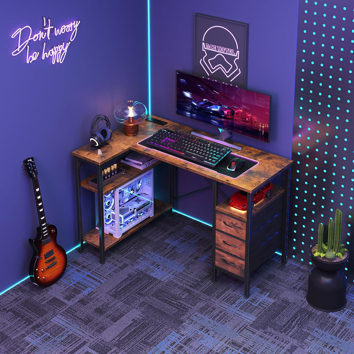 DUMOS L Shaped Desk with Shelf Drawers 47 Inch, Brown Corner Computer Desks Gaming with Power Outlet, Study Table with Adjustable Shelves, Home Office Tables for Bedroom Teacher Reading Writing