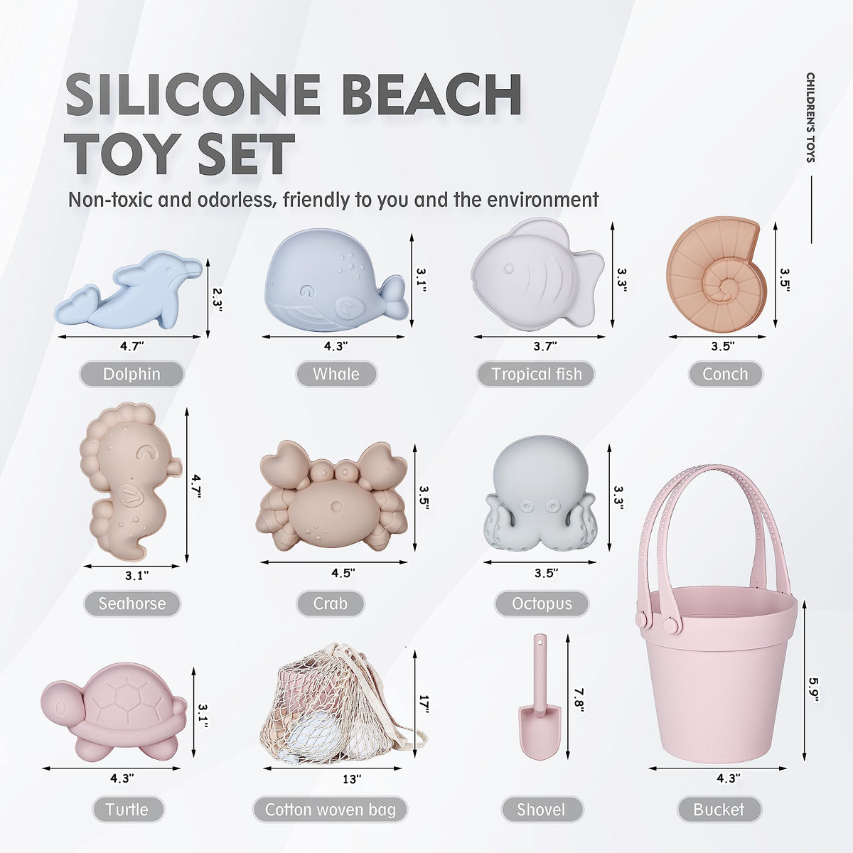 MarcZero 11Pcs Silicone Beach Toys,Modern Baby Beach Toys,Travel Friendly Beach Set,Silicone Bucket, Shovel, 8 Sand Molds, Beach Bag,Silicone Sand Toys for Toddlers, Kids (Pink)