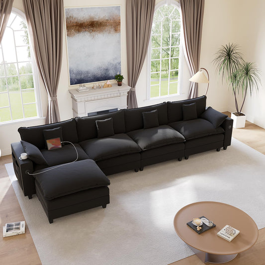 KCGKCG 152" Modular Sectional Sofa, L Shaped Cloud Couch with Movable Ottoman, Chenille Deep Seat Cloud Sofa with Charging Station, Cup Holder, Side Pocket, Sectional Couches for Living Room, Black
