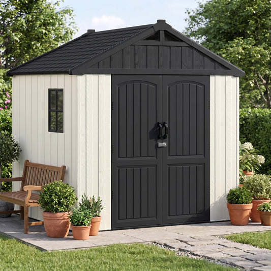 Devoko Plastic Outdoor Storage Shed with Floor, 8 x 6 FT Resin Tool Garden Shed with DIY Window and Lockable Door, Outside Kick-it Shed for Patio,Garden, Backyard, Lawn, Beige