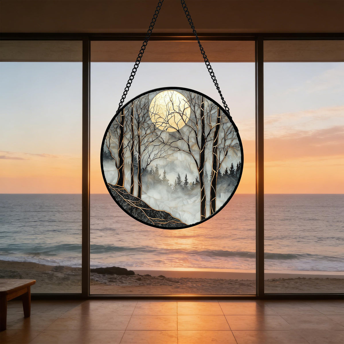 AMDERVEN Stained Glass Window Hanging - Black and White Gold Moon Forest Sun Catcher for Door Home Decor Suncatcher Christmas Mother's Day Birthday Gifts for Women Men Lovers Mom Nana 11.8 in