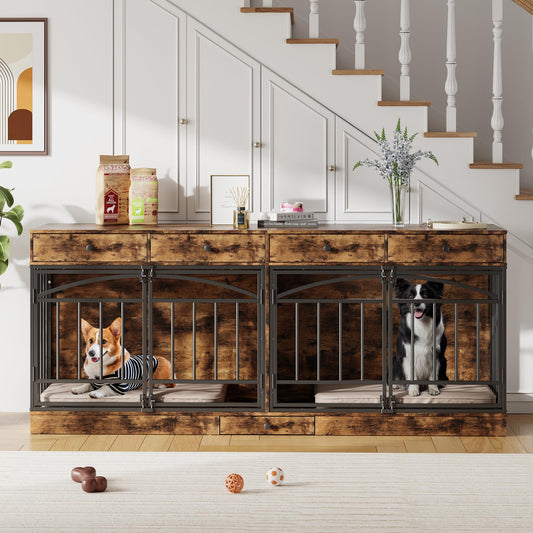 GarveeHome Dog Crate Furniture for 2 Dogs, Dog Kennel Indoor with 4 Storage Drawers and Feeding Bowls, Double Dog Crate TV Stand for Small Medium Dogs, Brown