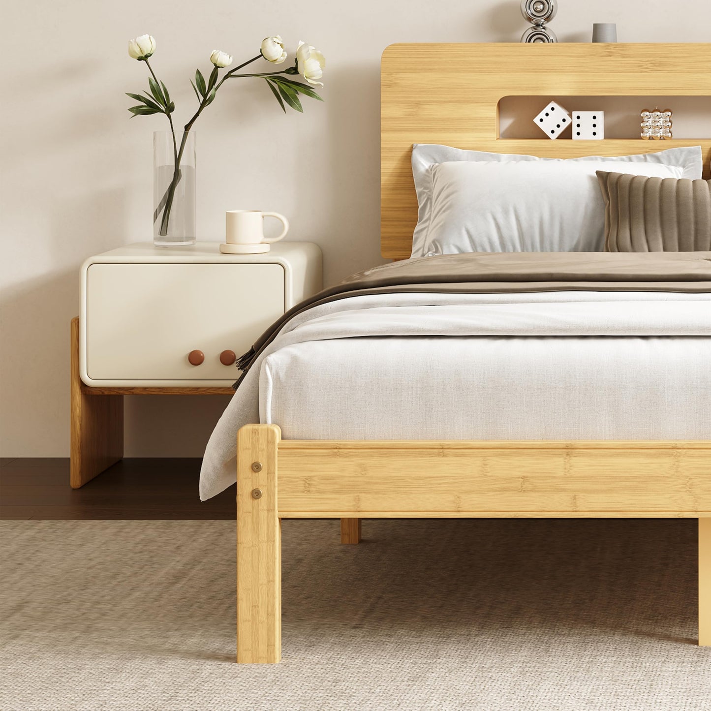COMASACH Bamboo Wood Queen Bed Frame with Storage Headboard,14 Inch High Solid Queen Size Bed Frame, Metal Slats Support, Heavy Duty, No Box Spring Needed