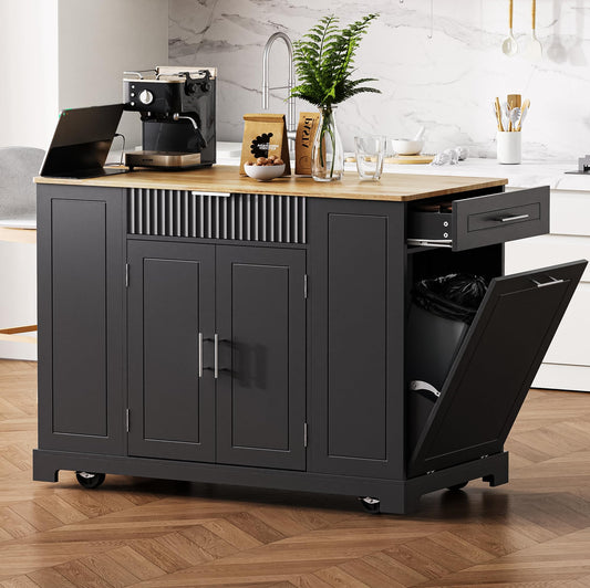 Ball & Cast Fluted Kitchen Island with Trash Can Storage Cabinet,Power Outlet,Internal Storage Rack,Rolling Kitchen Islands On 5 Wheels W/3 Drawers & 3 Open Side Racks for 10 Gallon Garbage Bin,Black