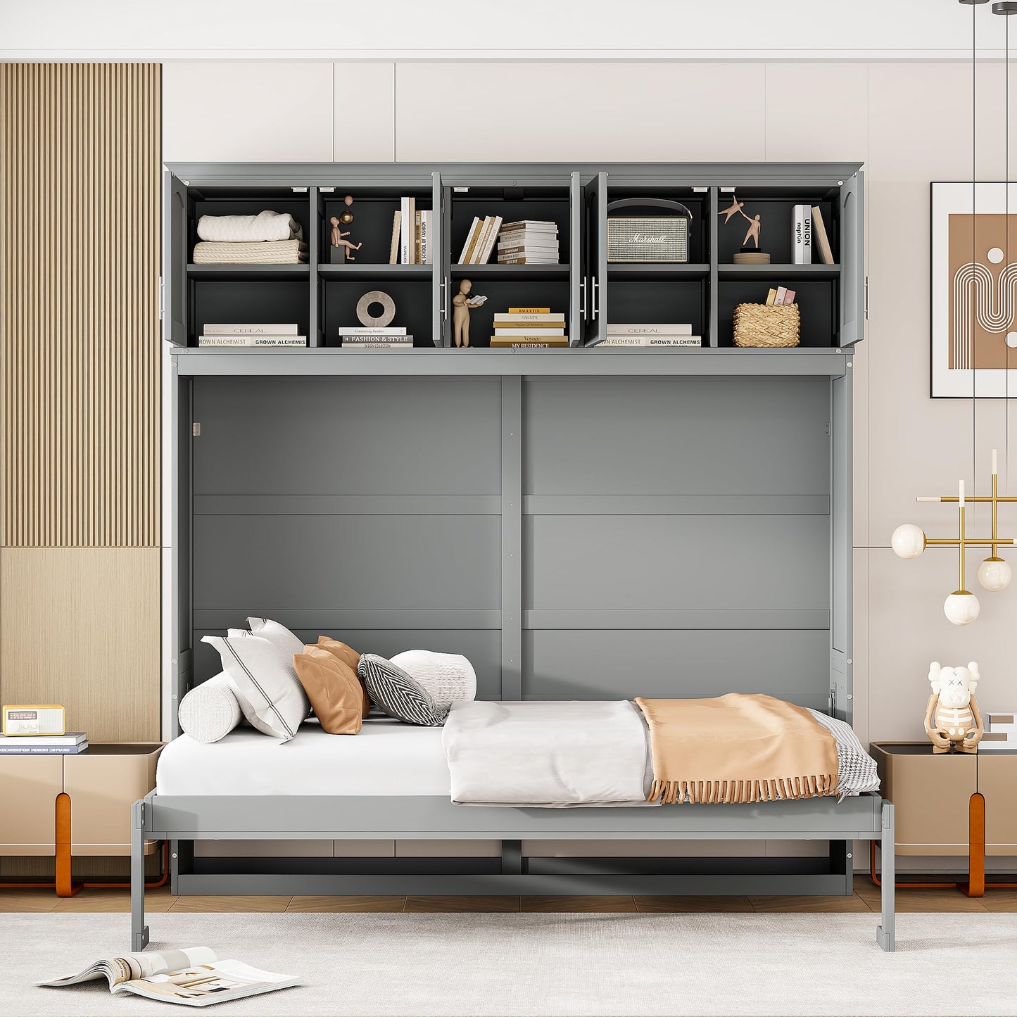 Favfurish Full Size Murphy Bed Wall Bed with Top Cabinets,Hidden Platform Bed Chest W/Wood Slats Support,Space-Saving,Easy Assembly,for Bedroom,Guest Room,Home,Office,Gray