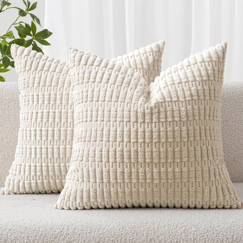 MIULEE Corduroy Throw Pillow Covers - Soft Boho Striped Design | 12x12 Inch Cream White Decor for Sofa & Bed