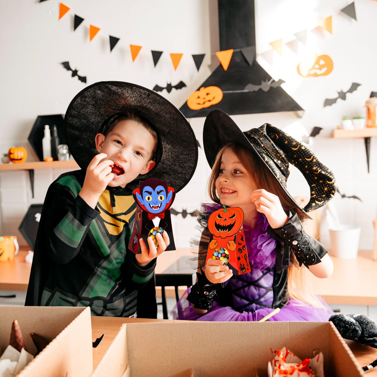 Giiffu 54-Pack Halloween Treat Boxes with Clear Window - 9 Designs Trick or Treat Candy Bags for Kids Party Favors Supplies, Classroom Exchange (6 x 4 x 2 Inches)