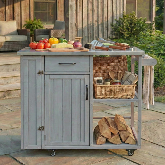 Outdoor Kitchen Island Cart with Stainless Steel Top, Rolling Grill Table with Storage Cabinet Drawer Shelves and Towel Rack, Wooden BBQ Prep Station with Lockable Wheels for Patio Backyard, Grey