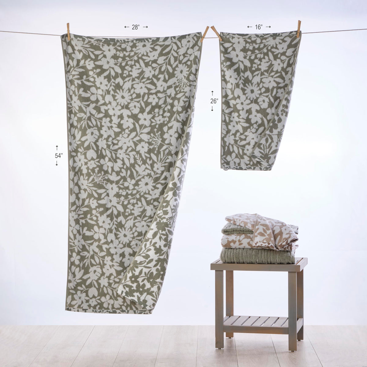 SKL Home Bedford Floral 100% Cotton Premium 2-Piece Hand Towel Set, 600 GSM, Soft & Absorbent, Reversible Jacquard, Decorative for Bath/Kitchen/Bar & Gift, Sage