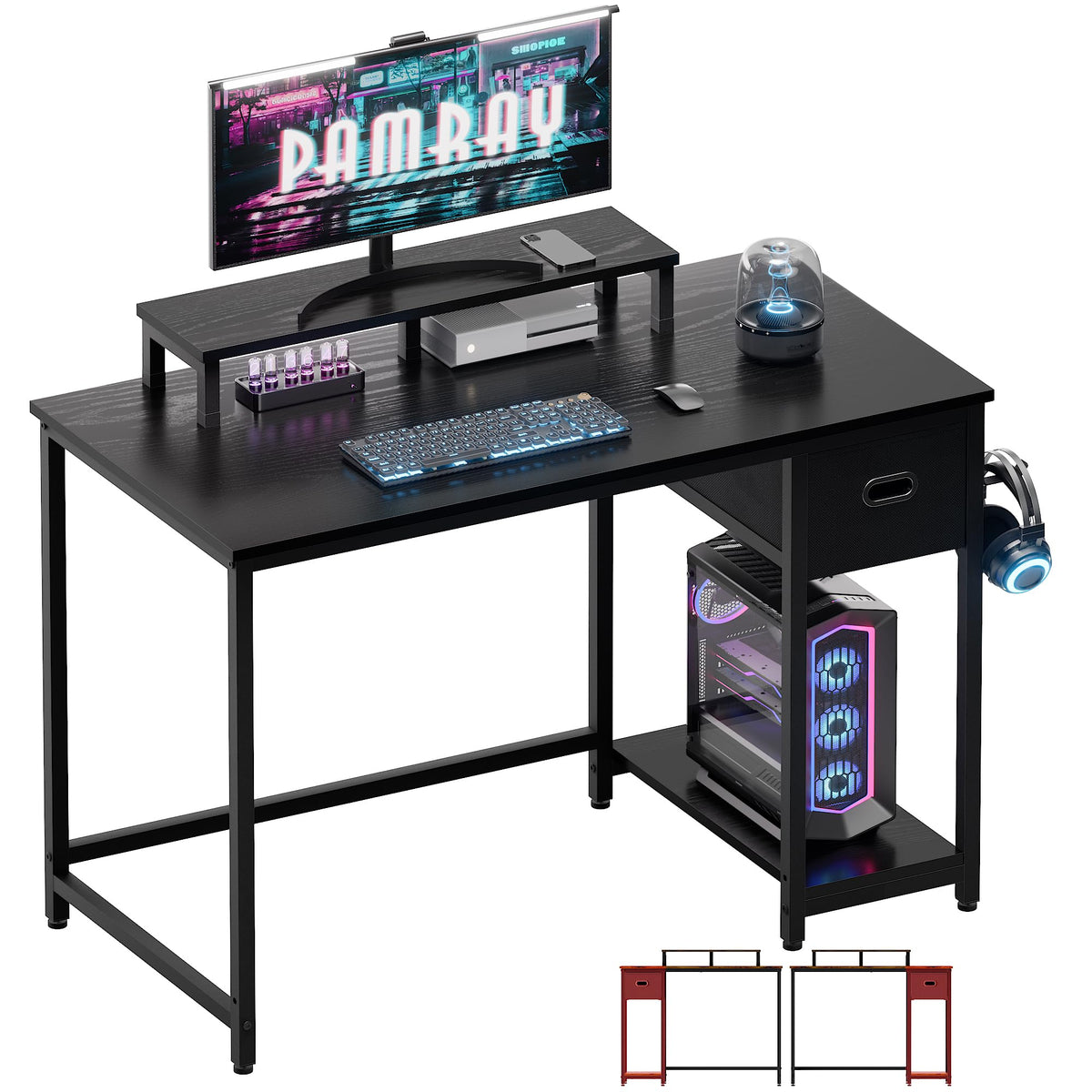 Pamray 39 Inch Computer Desk with Monitor Stand Small Home Office Desks with Non-Woven Storage Drawer for Bedroom Study Table Writing and Work Desk Black