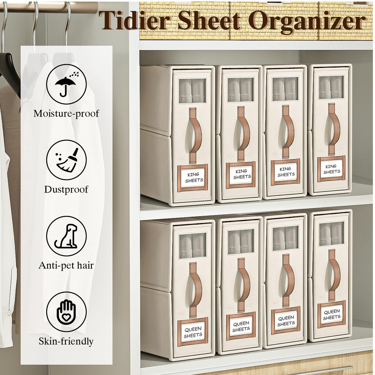 BigPonPon 4 Pack Foldable Bed Sheets Set Organizers and Storage(King & Queen Size),Linen Fabric Closet Organizers with Window,Folding Bedding Storage Box for Bedsheets and Pillow Cube Organizer-Beige