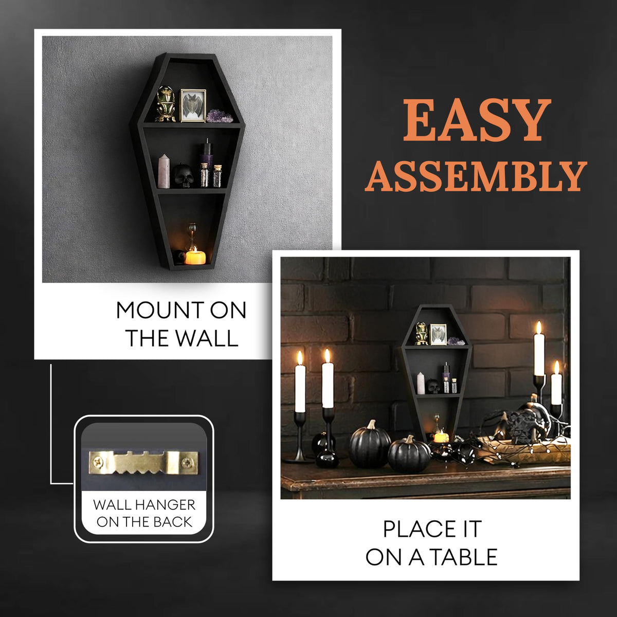 MANNY'S MYSTERIOUS ODDITIES Coffin Shelf and Coffin Gift Box with Spooky Accessories Set - Small Cute Goth Halloween Box 14 by 7 Inches - Black