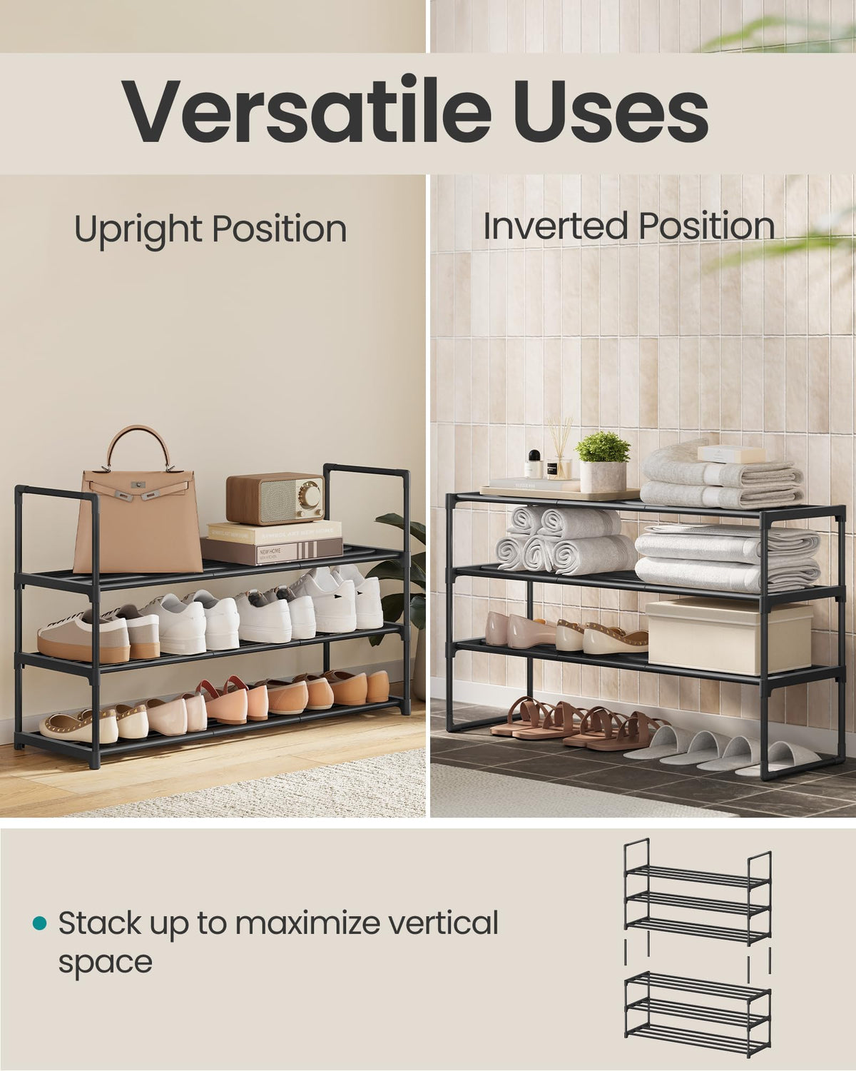 SONGMICS Shoe Rack, 3-Tier Shoe Organizer, Metal Storage Shelf, Upright or Upside Down, for 16-20 Pairs, Stackable, for Entryway, 11.8 x 36.2 x 21.7 Inches, Black ULSA303B02