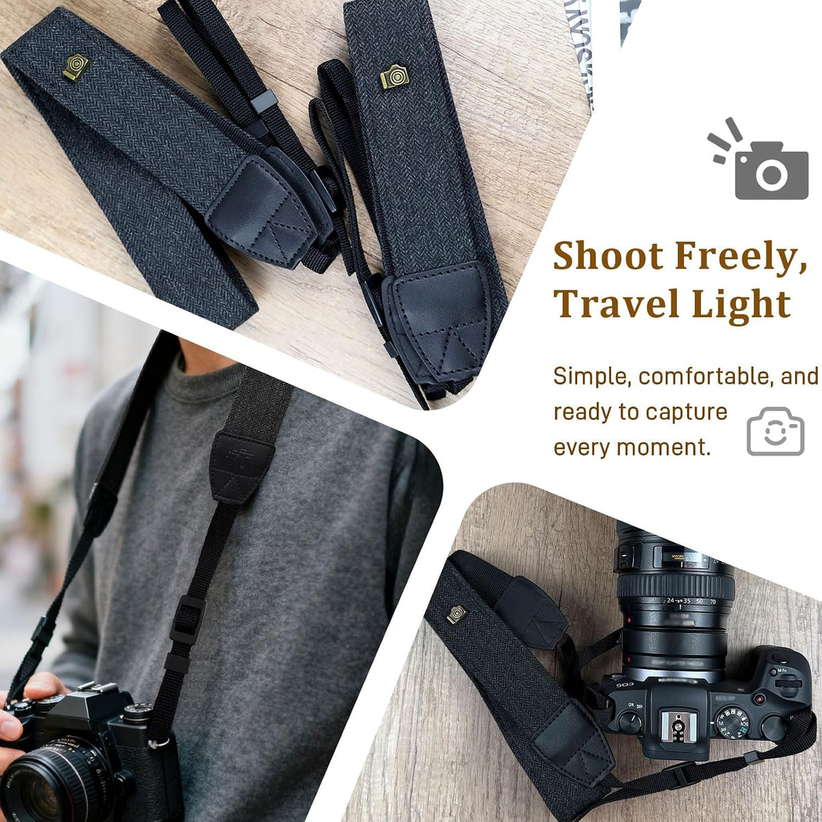 Brvlsoc Black Canvas Camera Neck & Shoulder Strap with Quick Release Buckles Adjustable Cotton Webbing for DSLR and SLR