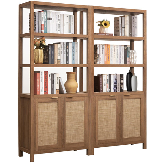 SICOTAS Bookshelf 5 Tier Book Shelf Rattan Boho 71" Tall Bookcase with Doors Storage Shelves Large Bookshelves Farmhouse Bookcases Library Book Case for Living Room Bedroom Home Office Kitchen