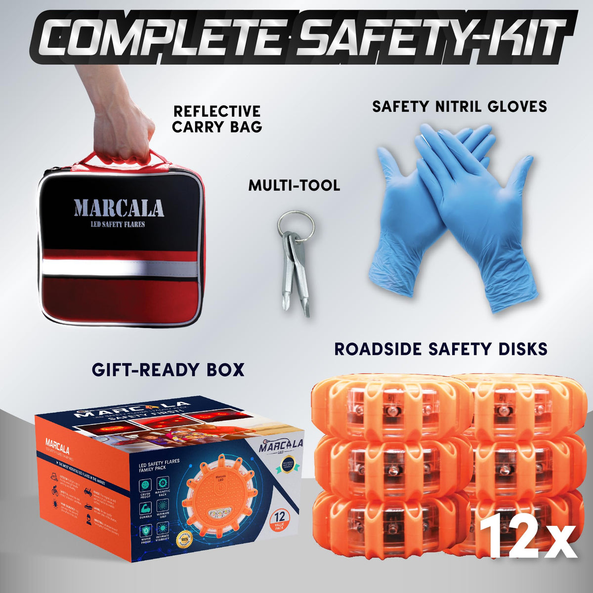 Marcala 12-Pack Emergency Flares for Vehicles | Emergency Roadside Lights | Complete LED Road Flares Kit | Emergency Lights For Vehicles | Perfect For Gifting or Everyday Roadside Safety