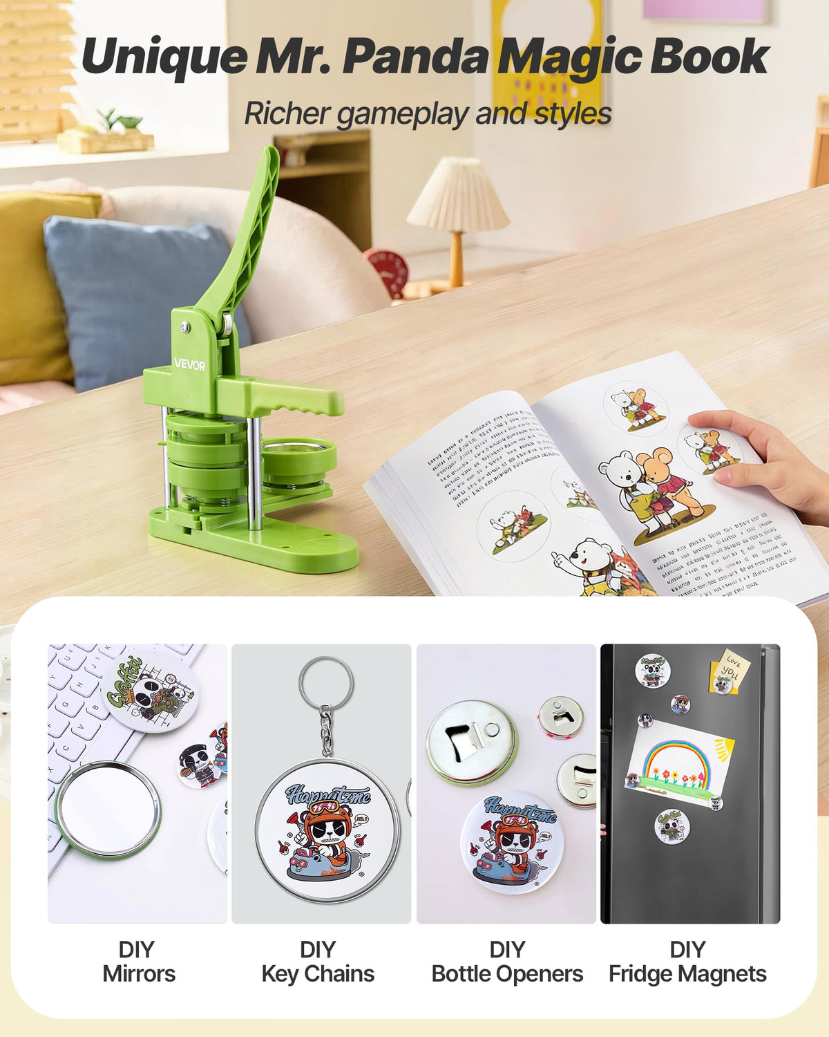 VEVOR Button Maker Machine, 3in/75mm Plastic Pin Maker with 100pcs Button Parts, Mr. Panda Magic Book, Circle Cutter and Hex Wrenches, Reinforced Ergonomic Handle, for DIY Badges, Personalized Pins
