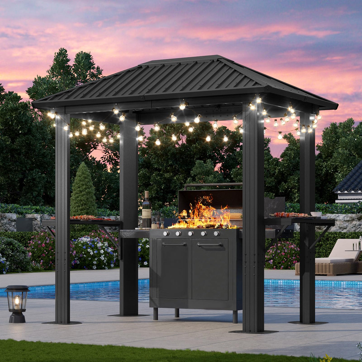 Aoxun Grill Hardtop Gazebo 5 x 8 FT, Outdoor Metal Hard Top Gazebo, Permanent BBQ Pavilion with Galvanized Steel Roof, Aluminum Pavilion with Shelves for Lawn, Garden, Patio, Backyard