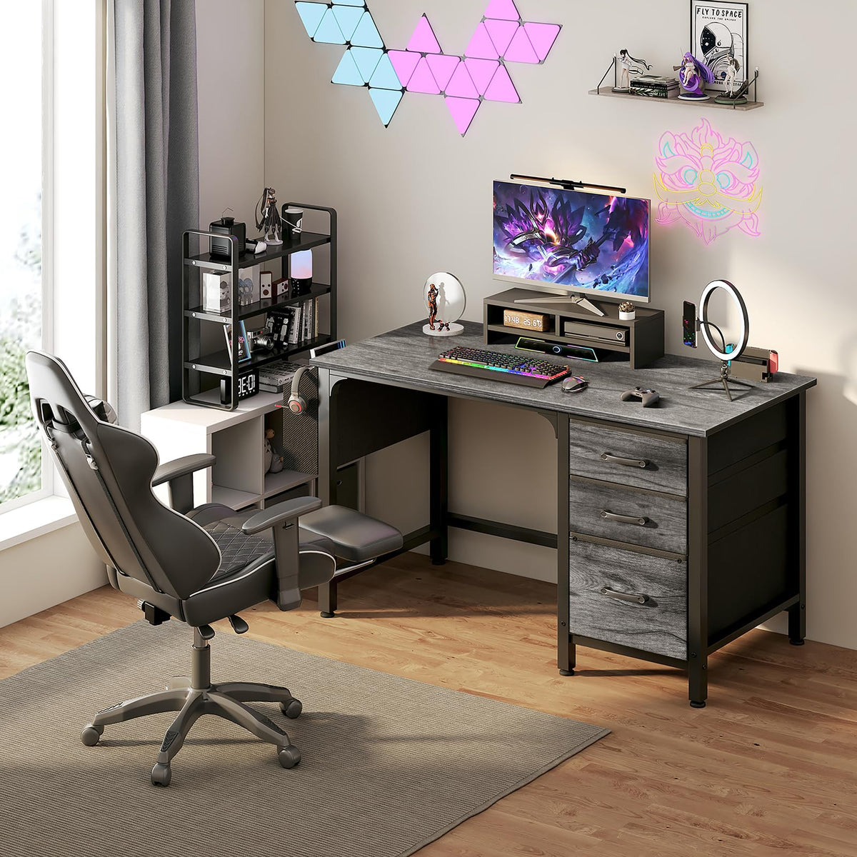 Lufeiya Computer Desk with File Drawers Cabinet, 47 Inch Home Office Desks with Filing Cabinet for Small Space, Gaming Study Writing Table PC Desks, Gray