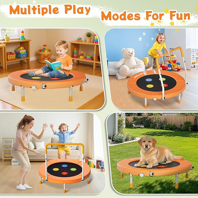 3FT Toddler Trampoline with Adjustable Handlebar, 36" Foldable & Spring-Free, Mini Kids Indoor Outdoor Trampoline for Ages 1-6, Noiseless Jumping Mat, Safe & Sturdy Design, Supports Up to 100 lbs