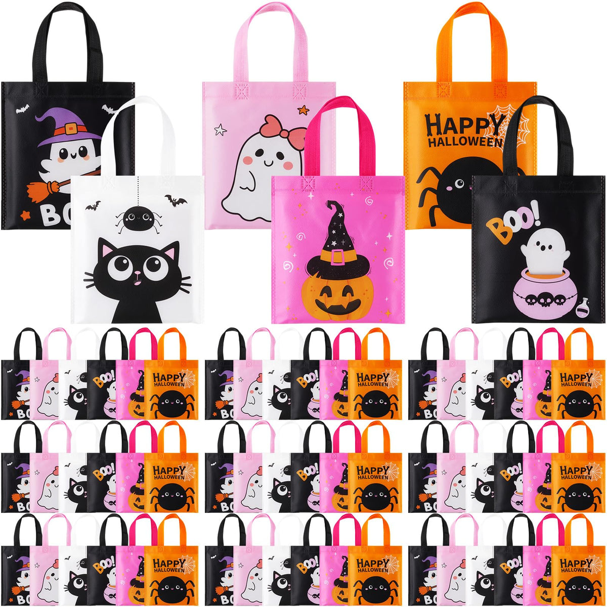 Sweetude 120 Pcs Easter Tote Bags Bulk with Handles Bunny Reusable Party Non Woven Treats Goodie Bags for Easter Party Supplies(Boo)