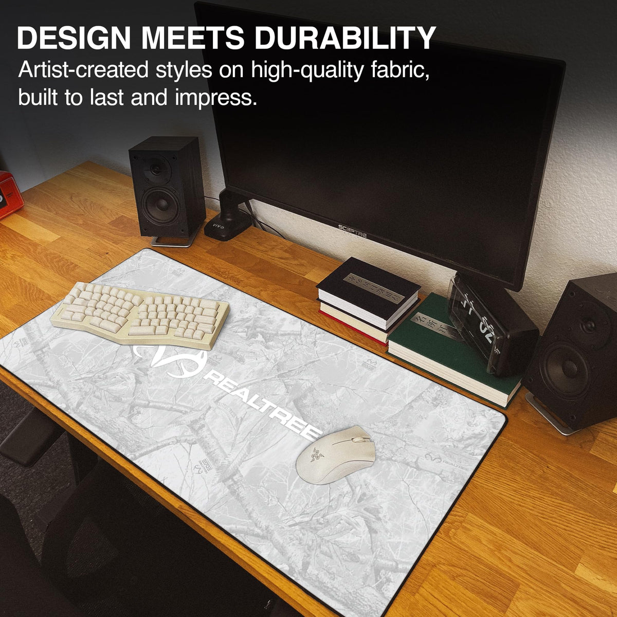 MPCO. Real Tree Large Gaming Desk Pad - 36" x 17" Duraglyde Fabric Edge Snow White – with Logo Desk Mats - Non-Slip, Washable, Smooth Glide for Precision Gaming & Work