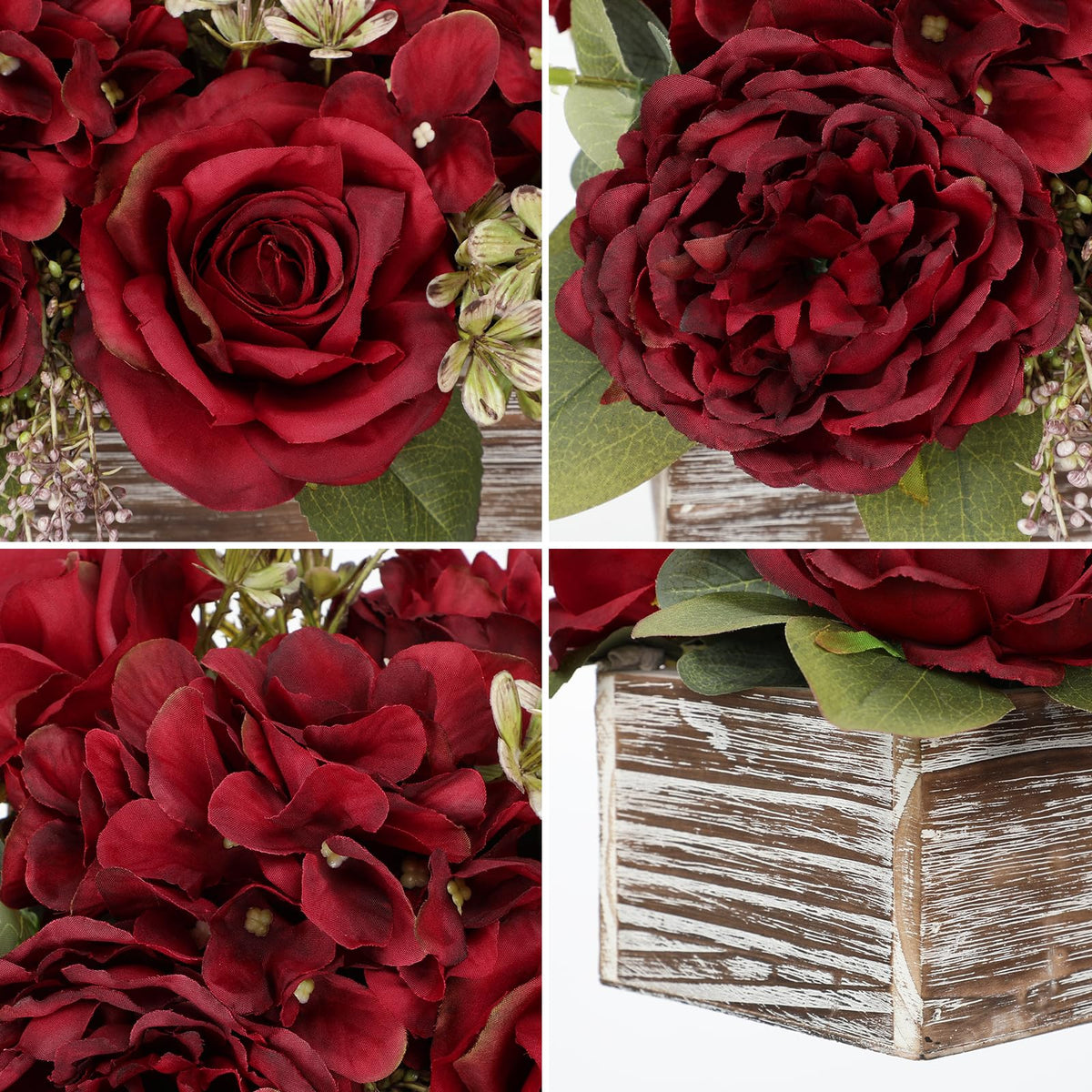 Flower Arrangement with Wooden Vase 14" Artificial Flowers in Pot - Fake Flowers Roses Peonies Hydrangeas in Wooden Vase Potted Artificial Flower Centerpieces for Table Decor Living Room - Red