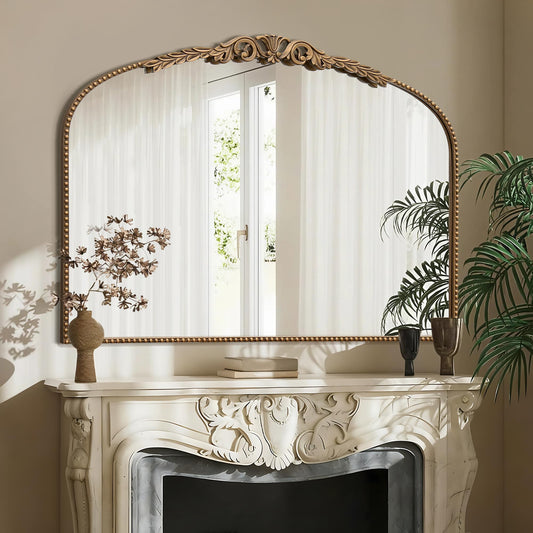 Besdomus Gold Large Fireplace Mirror: 48"x 33" Baroque Vintage Arched Mirror - Traditional Ornate Antique for Bathroom/Vanity/Mantel/Bedroom/Entryway/Hallway - Home Decor for Living Room