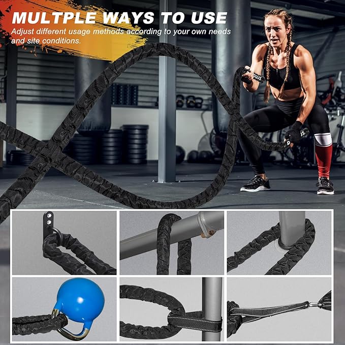 Battle Rope Workout Equipment 1.5 Inch Diameter 30FT Exercise Heavy Weighted Diameter Battle Rope with Protective Cover Exercise Equipment Core Strength Training