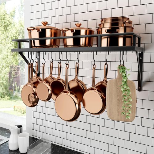 KES 30-Inch Kitchen Pan Pot Rack Wall Mounted Hanging Storage Organizer Wall Shelf with Hooks Matte Black, KUR215S75A-BK