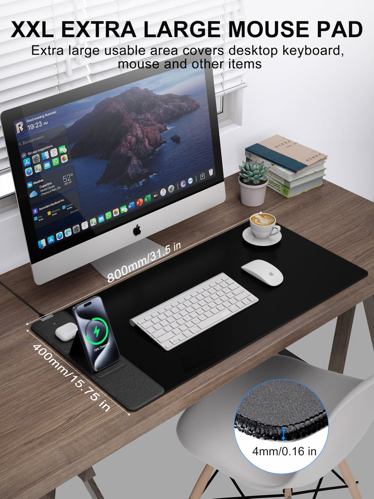 TopMade 4-in-1 Mouse Pad with 15W Wireless Charging, Foldable Phone Holder, 31.5" x 15.75" XXL Large Desk Pad, Gaming Mousepad with Ultra-Smooth Surface, Non-Slip Base, Waterproof Desk Mat, Black