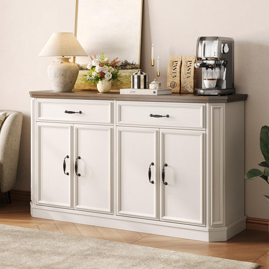 ONBRILL 55" Sideboard Buffet Cabinet with 2 Storage Drawers & 4 Doors, Modern Kitchen Sideboards and Buffets with Adjustable Shelves, Wood Coffee Bar Cabinet for Living Room, Entryway, Off-White