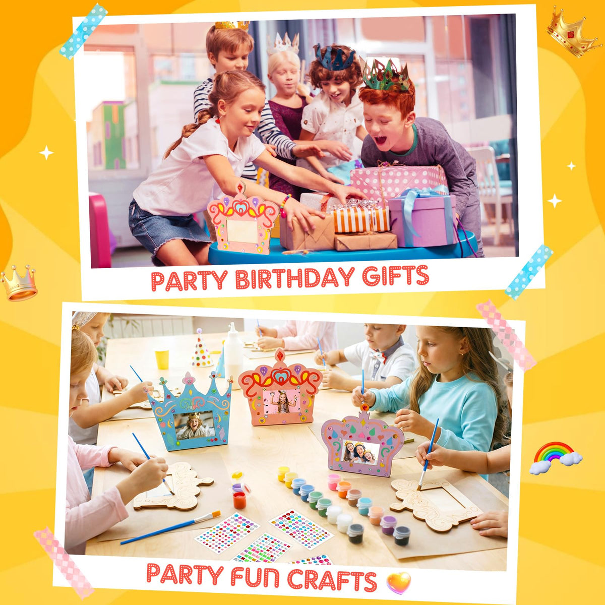 Blueweenly 12 Pcs DIY Picture Frame Painting Craft Kits for Kids Wooden Crown Princess Party Favors Paint and DIY Your Own Frame with 88 Cell Rhinestone Stickers 12 Color Paint Girl Birthday (Square)