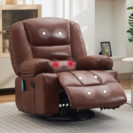 Oversized Wide Recliner Chair-Heat and Vibration Massage, PU Leather Manual Recliner for Adults, 360° Swivel Rocker Chair with Cup Holders & Side Pocket,Lazy Boy Chair for Living Room, Bedroom,Brown