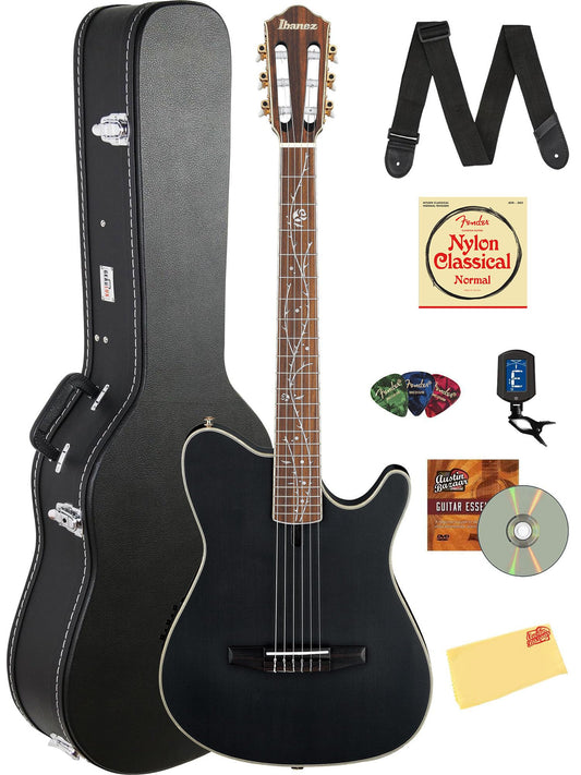 Ibanez TOD10N Tim Henson Nylon Acoustic-Electric Guitar - Transparent Black Flat Bundle with Case, Tuner, Strap, Strings, Picks, Austin Bazaar Instructional DVD, and Polishing Cloth