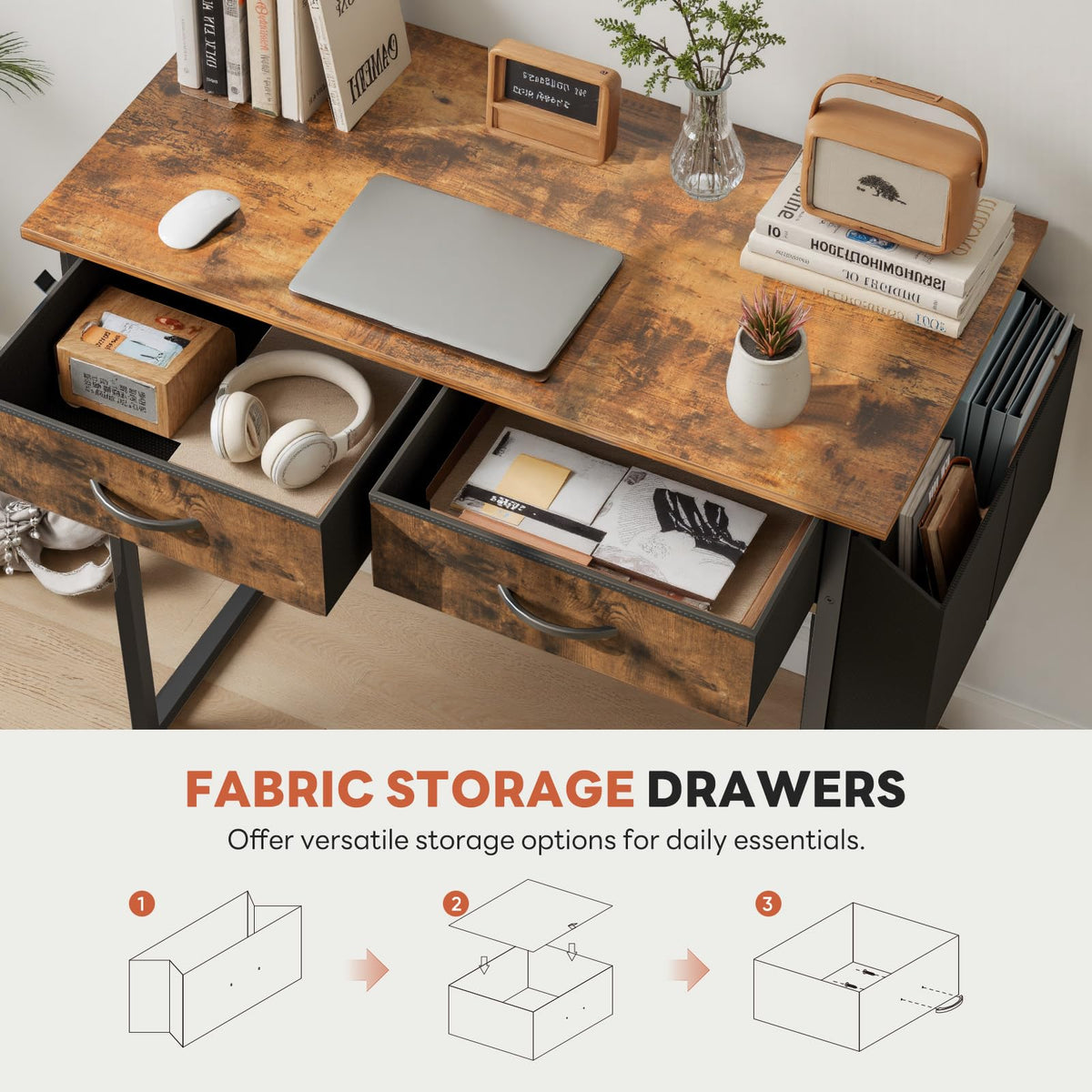 DUMOS 32" Home Office Computer Desk with Drawers, Small Gaming Writing Study Table with Storage Side Bag, Headphone Hook and Adjustable Feet for Bedroom Rustic Brown